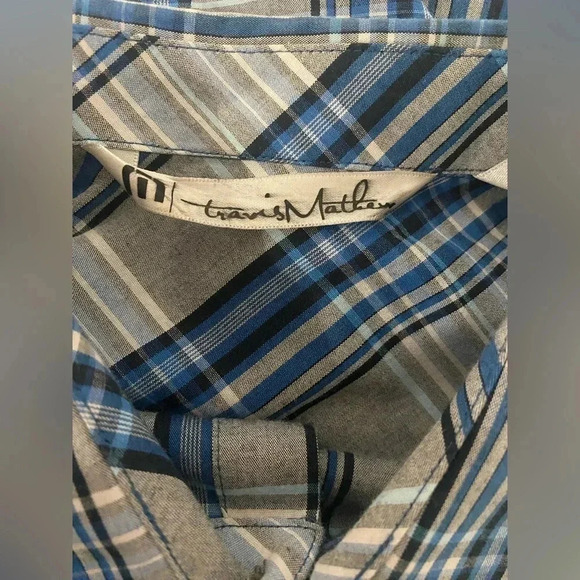 Travis Matthew Mens Blue Gray Plaid Short Sleeve Button Down Golf Shirt Medium - Picture 4 of 8